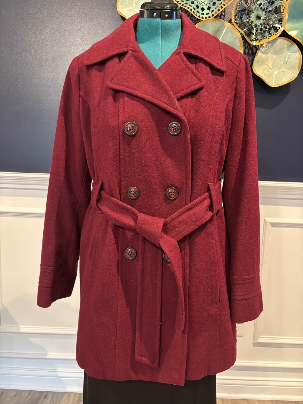 croft & barrow Double-Breasted Wine Red Belted Trench Coat